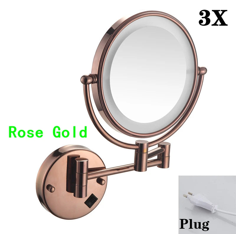 Brushed Gold LED Makeup Mirror with Brass Folding Bathroom Mirrors of 8 Inch 3X 5X Maynifying Makeup Mirror Dual Face LED Mirror