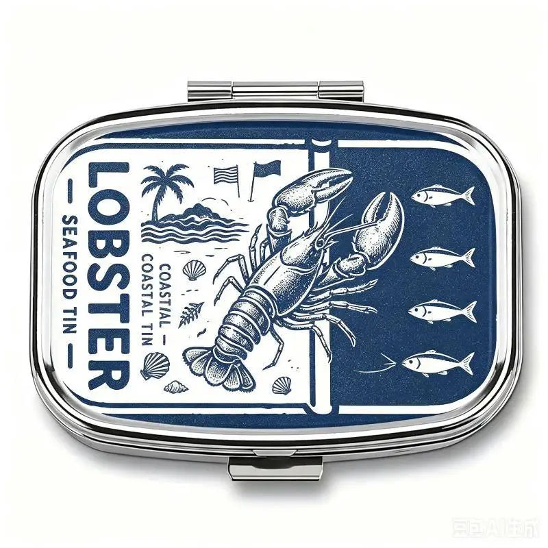 【WA】LUCKY TUNA Sardines Print Metal Pill Box, Portable 2-Compartment Travel Pill Organizer For Vitamins & Pills