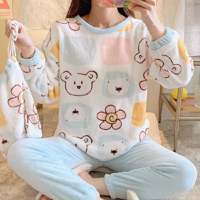 Winter Fleece Thick Women's Pajamas Set Cute Bear Plaid Long Sleeve Womens 2 Piece Outfit Set Printing Pijamas Set for Woman