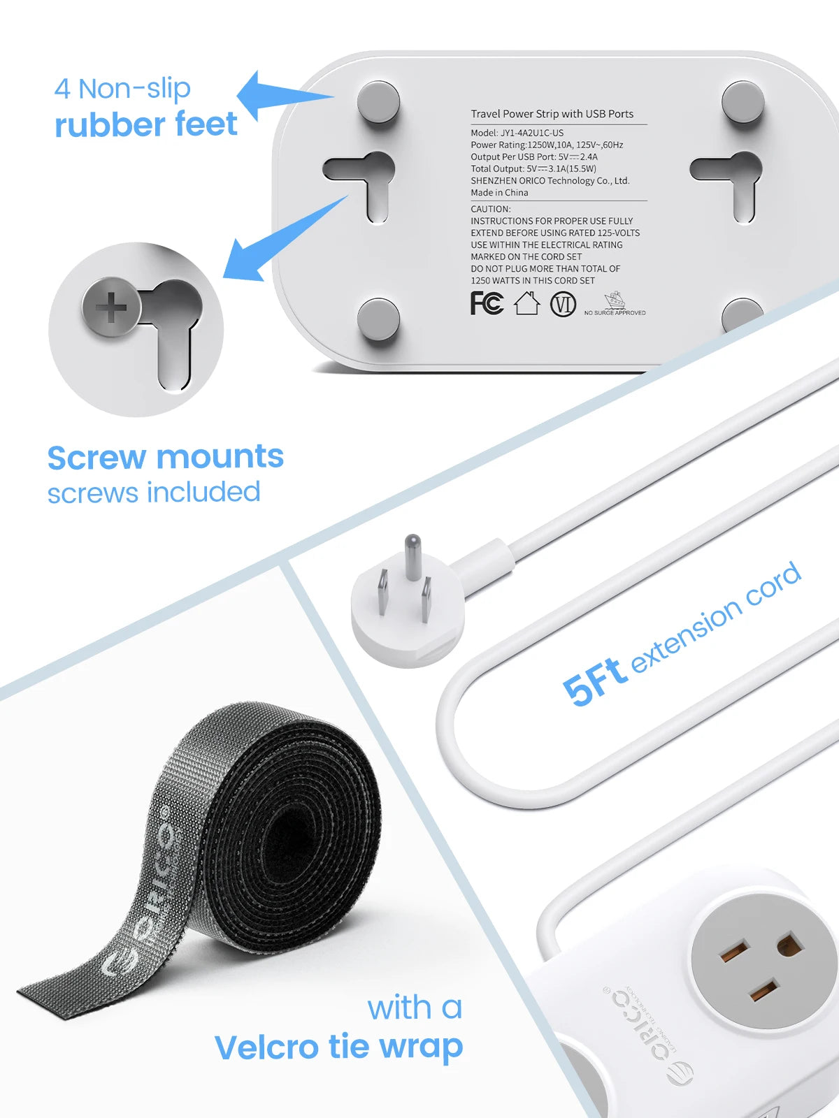 ORICO Travel Power Strip with USB C AC Outlets 3 USB Ports Wrapped Flat Plug Extension Cord with Multiple Outlets for Travel