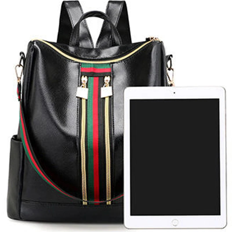Double shoulder bag, large capacity dual-purpose women's bag, fashionable striped color contrast Korean-style women's backpack