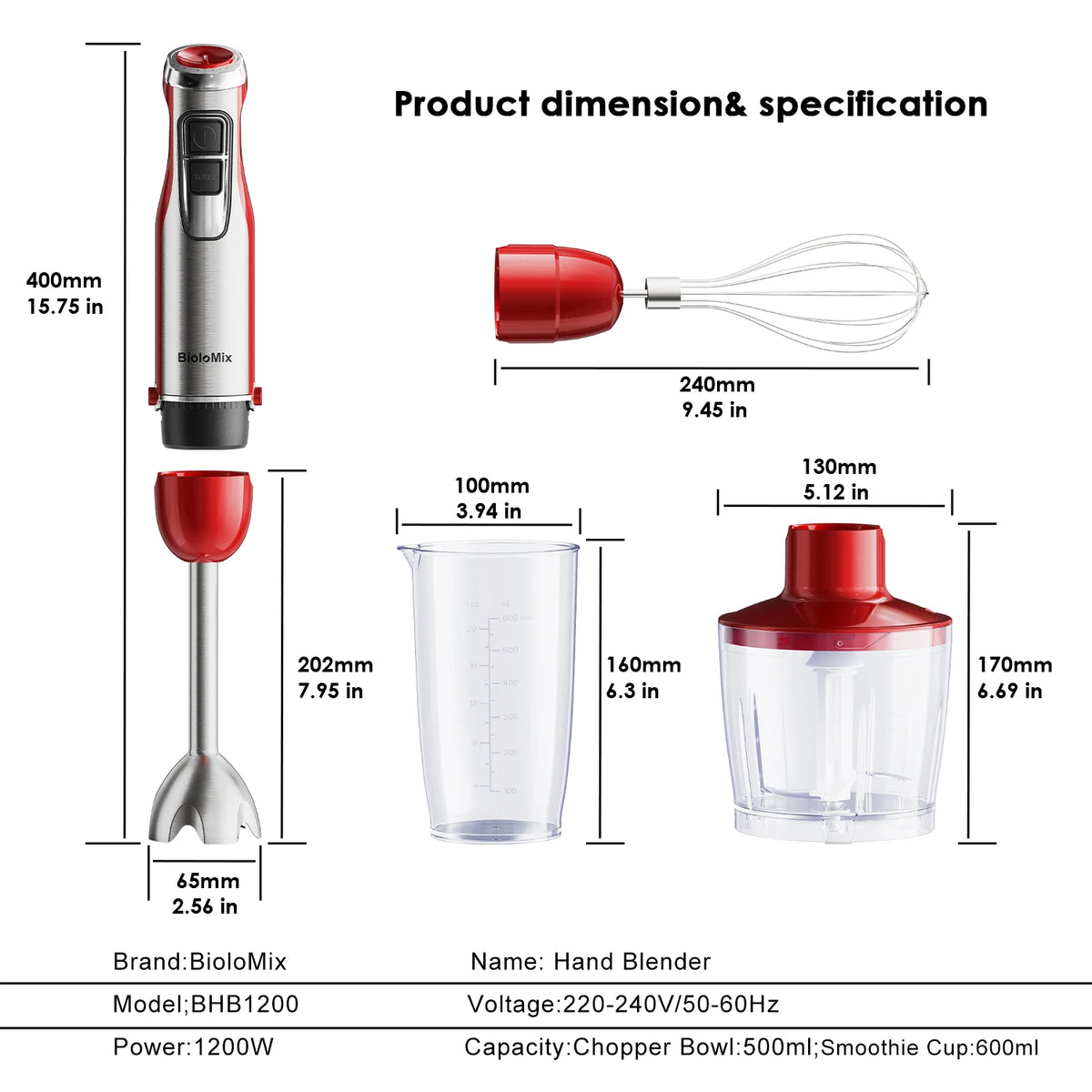 BioloMix 4-in-1 Hand Stick Blender 1200W Stainless Steel Immersion Mixer Chopper Smoothie Cup Ice Blades for Baby Food