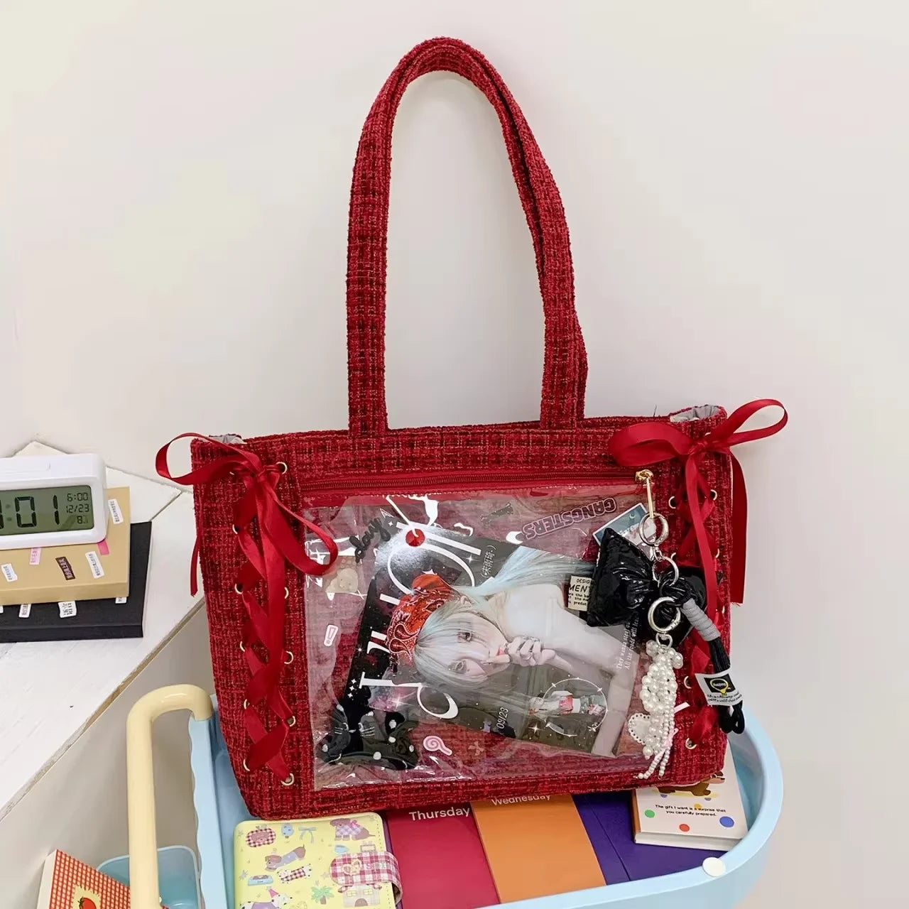 New Y2K Ribbon Bow Japanese Ita Shoulder Bag Cute Girl Transparent Pocket Large Capacity Crossbody Tote Bag DIY Display Handbags