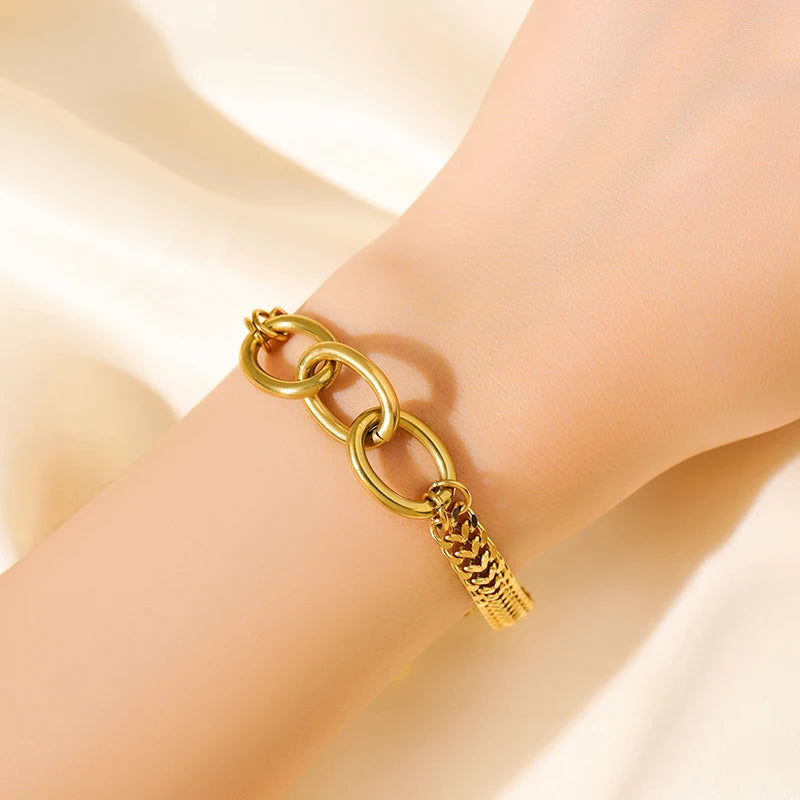 EILIECK 316L Stainless Steel Metal Texture Oval Chain Bracelet Bangle For Women 18K PVD Plated Wrist Chain Waterproof Jewelry