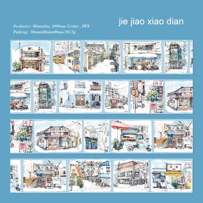JIANWU 60mm*200cm Four Seasons with You Series Vintage Building Landscaping PET Tape Creative DIY Journal Collage Stationery