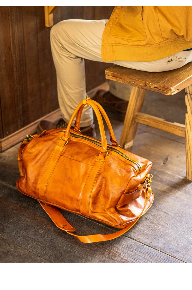 Vintage fashion luxury genuine leather men's travel bag outdoor weekend large capacity crossbody bag real cowhide women handbag