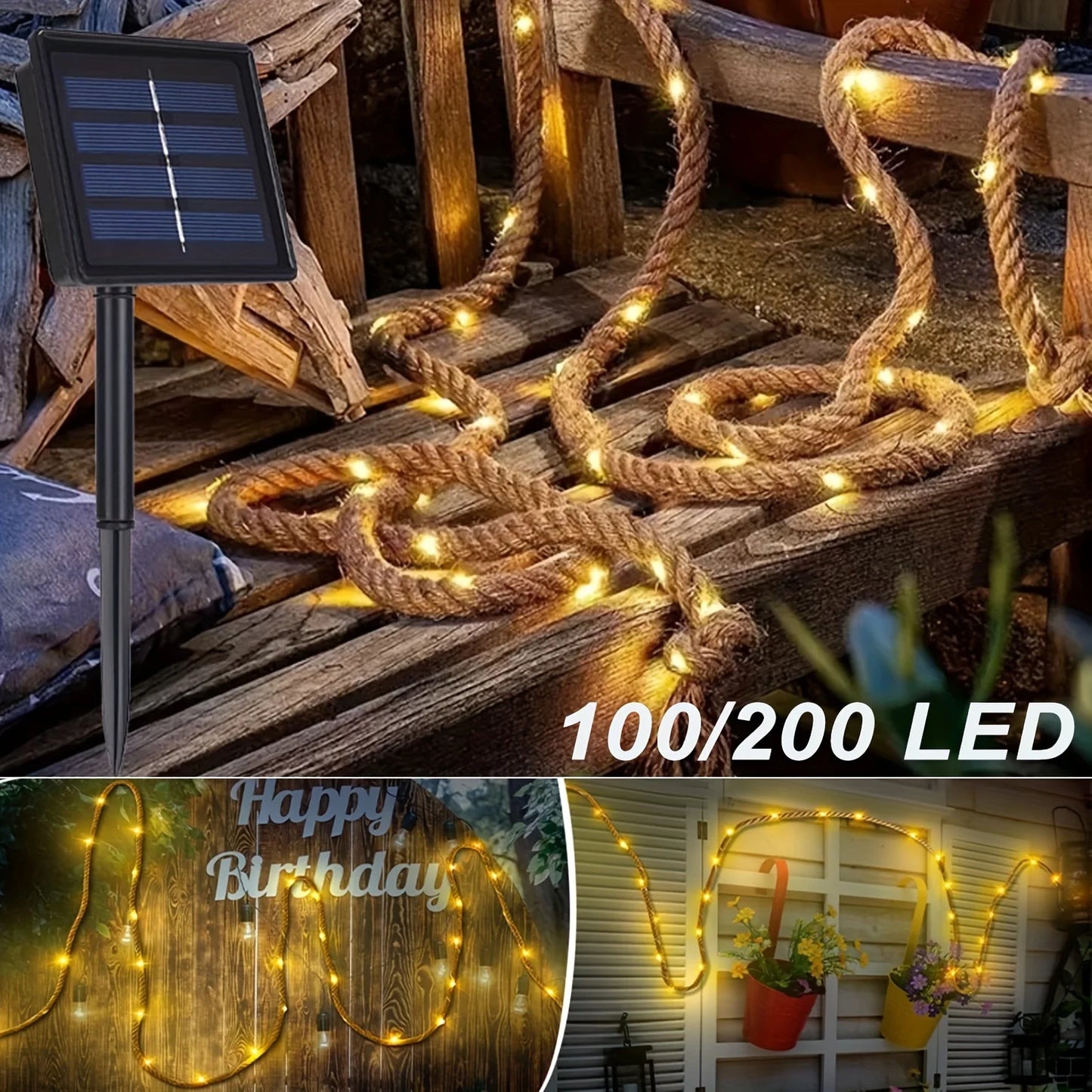 100/200 LEDS Outdoor Solar Retro Hemp Rope Light 8 Lighting Mode Warm White Copper Wire Light for Yard Garden Balcony Decor Lamp