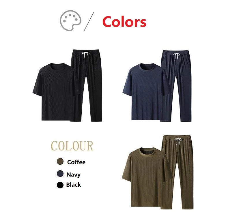 New Ice Silk Sports Set Men's Summer Thin Tracksuit Men 2024 Casual Long Pants Short Sleeve T-shirt Quick Drying Clothes Sets