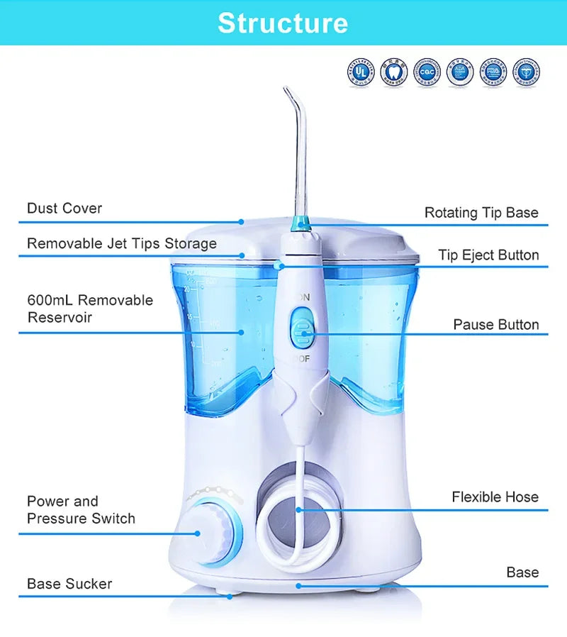 Nicefeel Ultrasonic Oral Irrigator Water Jet Flosser 600ML Water Tank Jet Tips Teeth Cleaner Dental Water Flosser 7 Nozzle