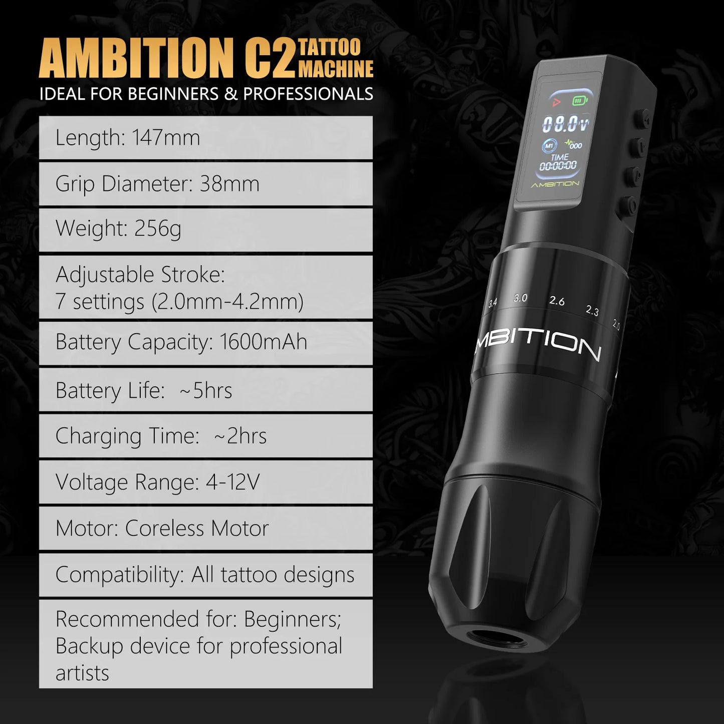 Ambition C2 Kit Wireless Tattoo Machine Pen 7 Adjustable Stroke Coreless Motor 1600mAh Battery Makeup Microplasty Pen For Tattoo