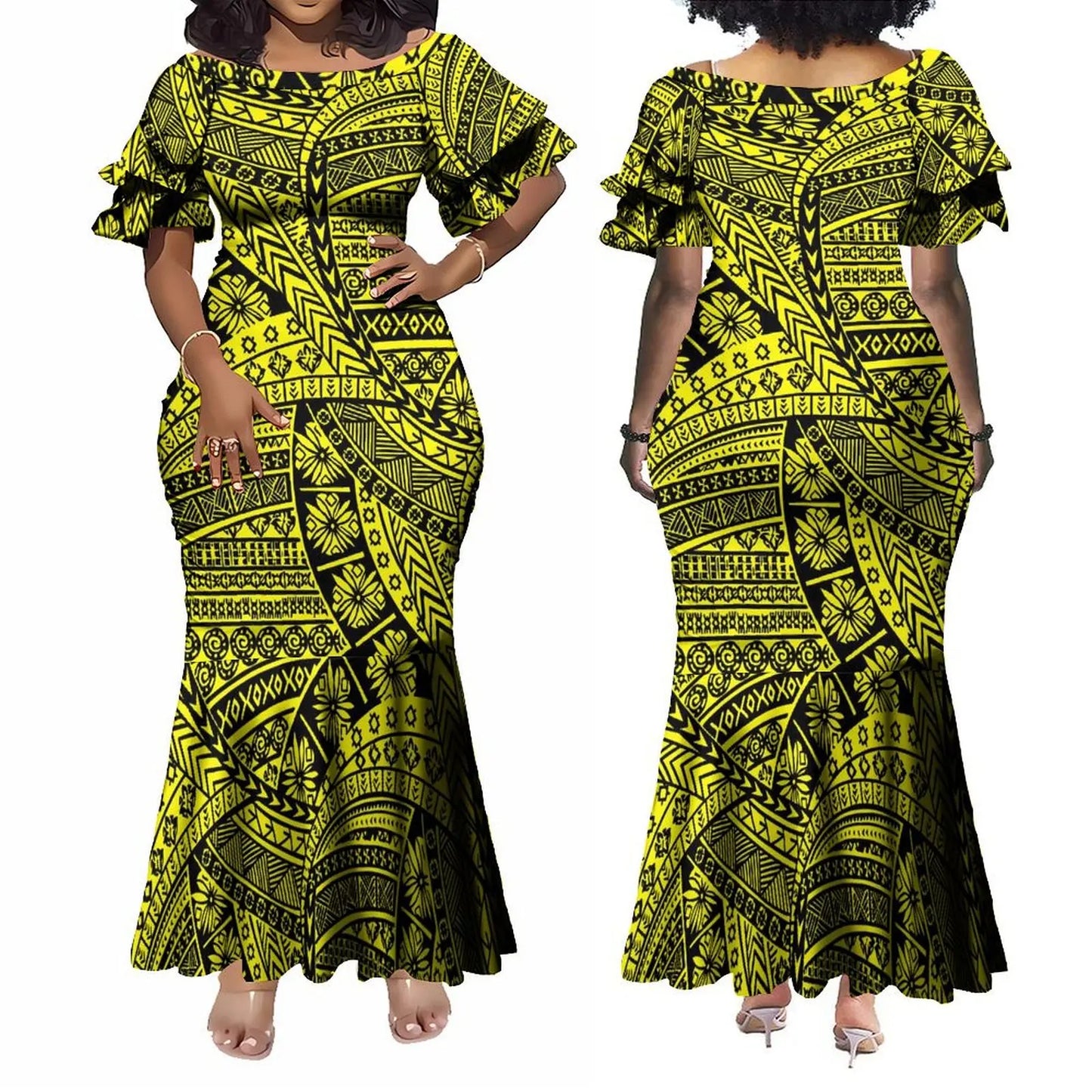 Custom Polynesian Tribal Couple Set Samoan Women'S Temperament Slim Dress Women'S Mermaid Maxi Skirt Men'S Shirt
