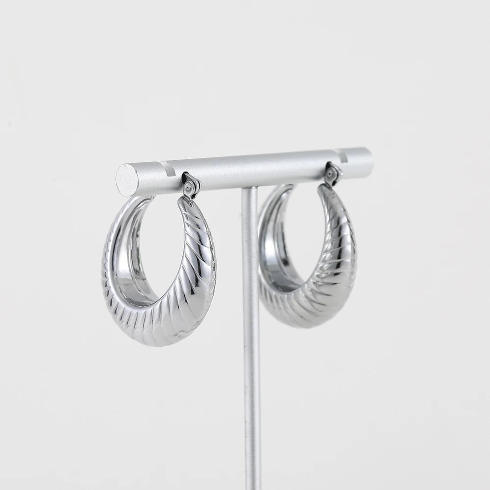 New Trend Silver Color Polished Stainless Steel CC Circle Chunky Hoop Earrings Twist PVD Dome Lightweight Hammered Drop Earrings