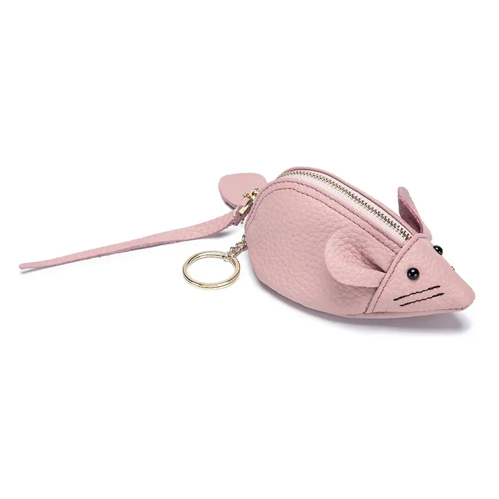 Women's Leather Mini Coin Pouch - Cute Mouse Keyring Lipstick Clutch Bag with Pendant Charm for Gift Essentials