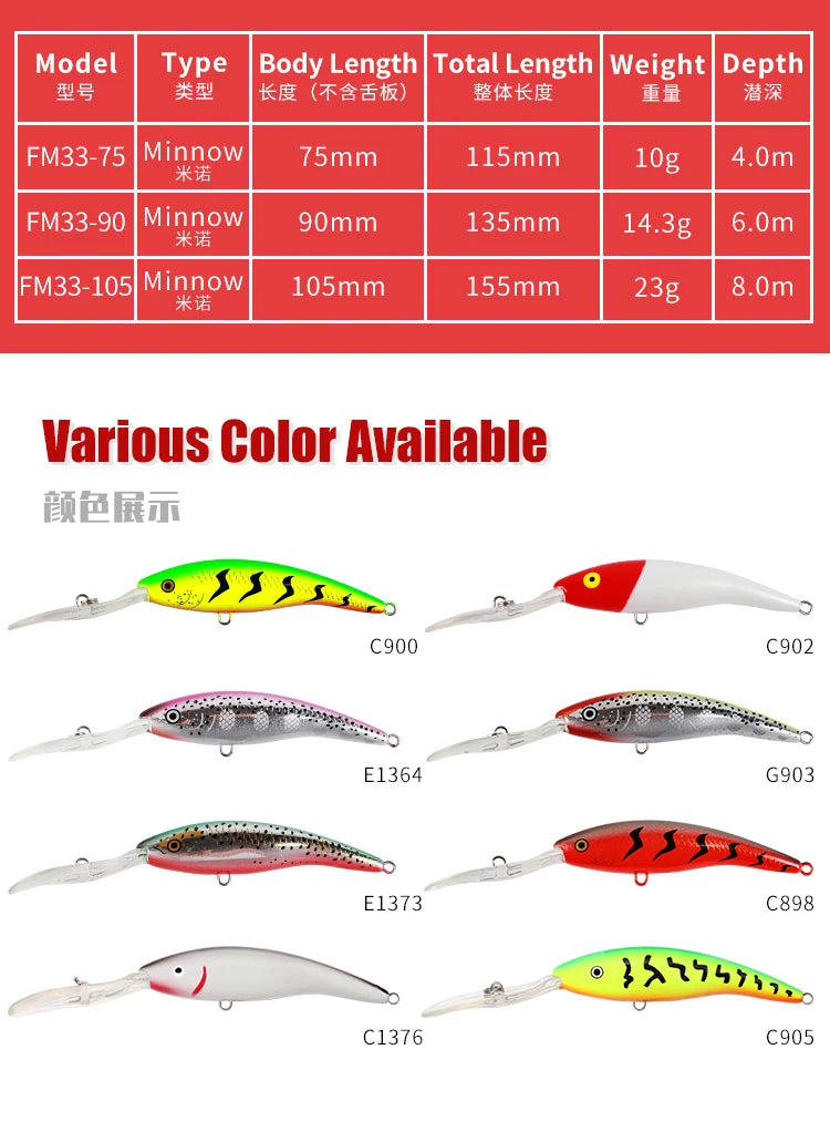 FM33 Deep Tail Dancer Hard Bait 75mm 10g  90mm 14.3g 105mm 23g Deep Diving Minnow Lure Wobbler Bass Pike