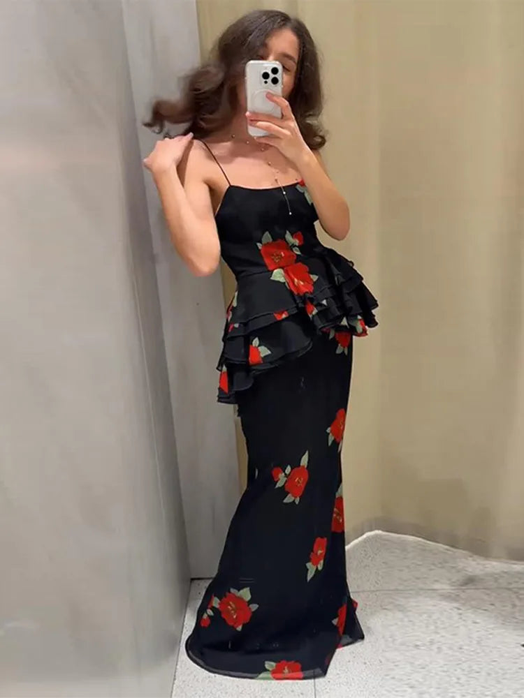 Summer 2-piece Suit Print Flower Mesh Slit Hip-covering Skirt Halter Top Suit Women's Fashion Causal Woman 2 Piece Set Outfit