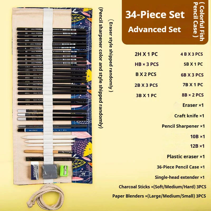 Sketching Pen Set Drawing Kit Student Portable Pen Curtain Charcoal Pencil Sketch Pencil Charcoal Stick Sharpener Eraser Set Box