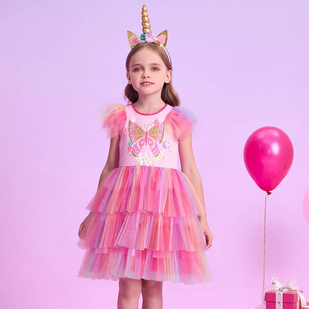 DXTON Girls Princess Dress Ruffles Sleeveless Butterfly Kids Vacation Dress Gradient Mesh Layered Cake Children Birthday Clothes