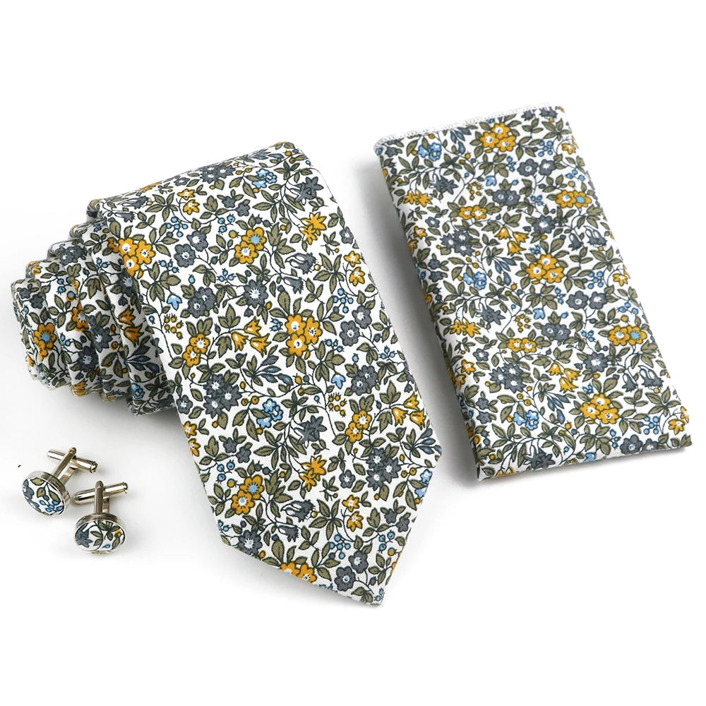 Hot Sell 3PC Chic Elegant Floral Tie Set Pocket Square Cufflinks For Men Women Wedding Party Dinner Suit Tuxedo Accessory Gift