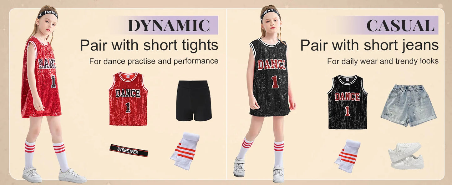 LOlanta Girls Hip Hop Dance Clothes Kids Jersey Sequin Dress Long Tank Top Jazz Cheerleading T-Shirt