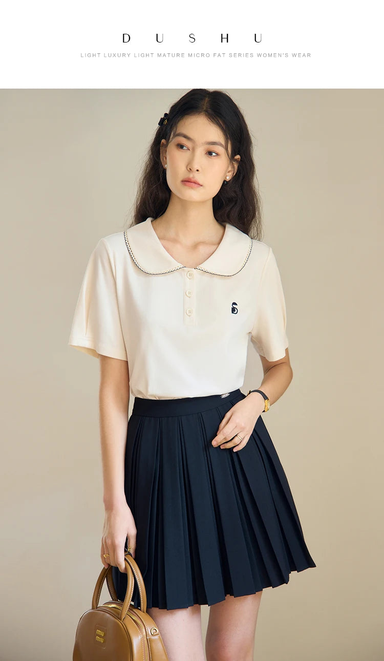 DUSHU Doll Collar Lovely Casual Commuting All-match T-shirt 2024 Summer New Design Simple Temperament Top 24DS82335