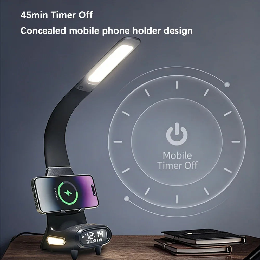 Multi-Function Eye-Protecting Reading Desk Lamp for Students 3000K-6000K Stepless Dimming 15W Wireless Fast Charging Study Light