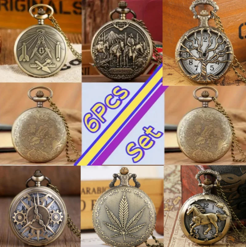 6PCS Classic Vintage Random Pocket Watches,With Necklace Pendant , Best Presents To Families and Friends, Festival Birthday Gift
