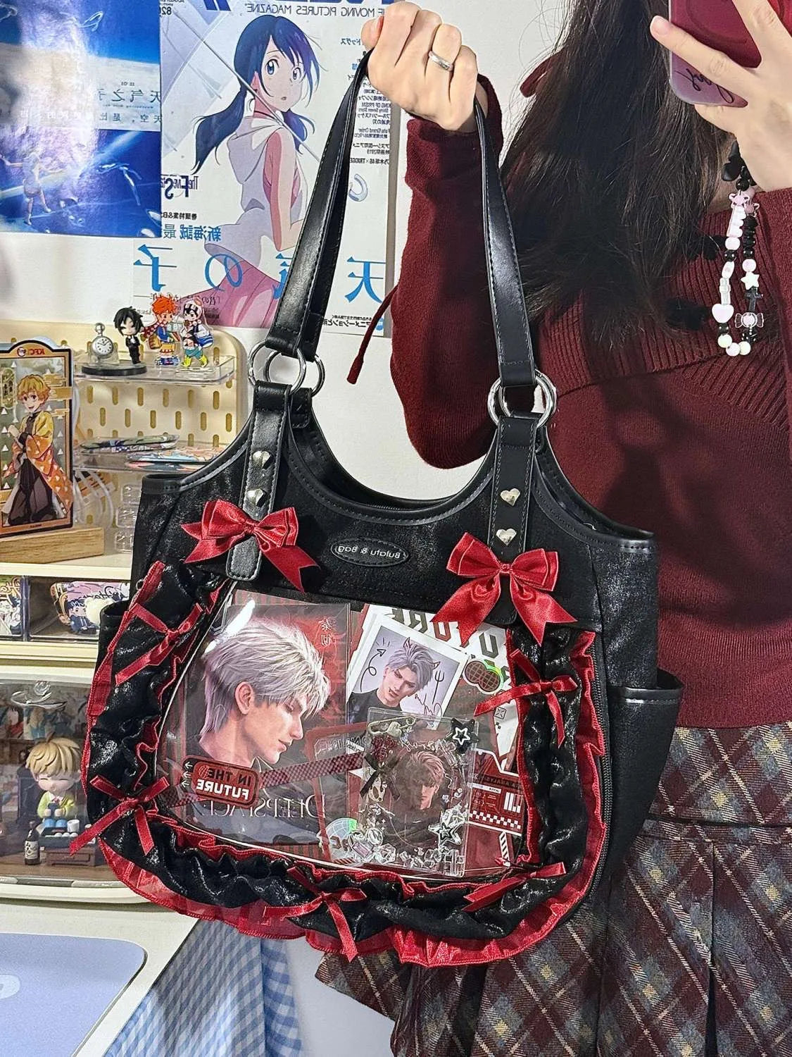 Women Luxury Design Ruffled Lolita Handbag Punk Gothic Bow Crossbody Bags Transparent Sweet Lace Shoulder Ita Bag Y2k Aesthetic