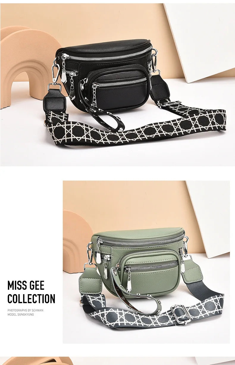 Luxury Multi-pocket 100% cowhide Crossbody Bags For Women Black Shoulder Messenger Handbags Small Chest Bag Travel Saddle bag
