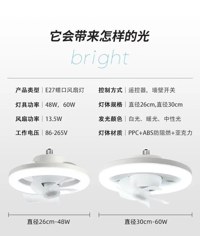 LED Ceiling Fan with E27 Screw and Remote Control, Oscillating Ceiling Fan with Adjustable Speed, Quiet for Bedrooms (124)