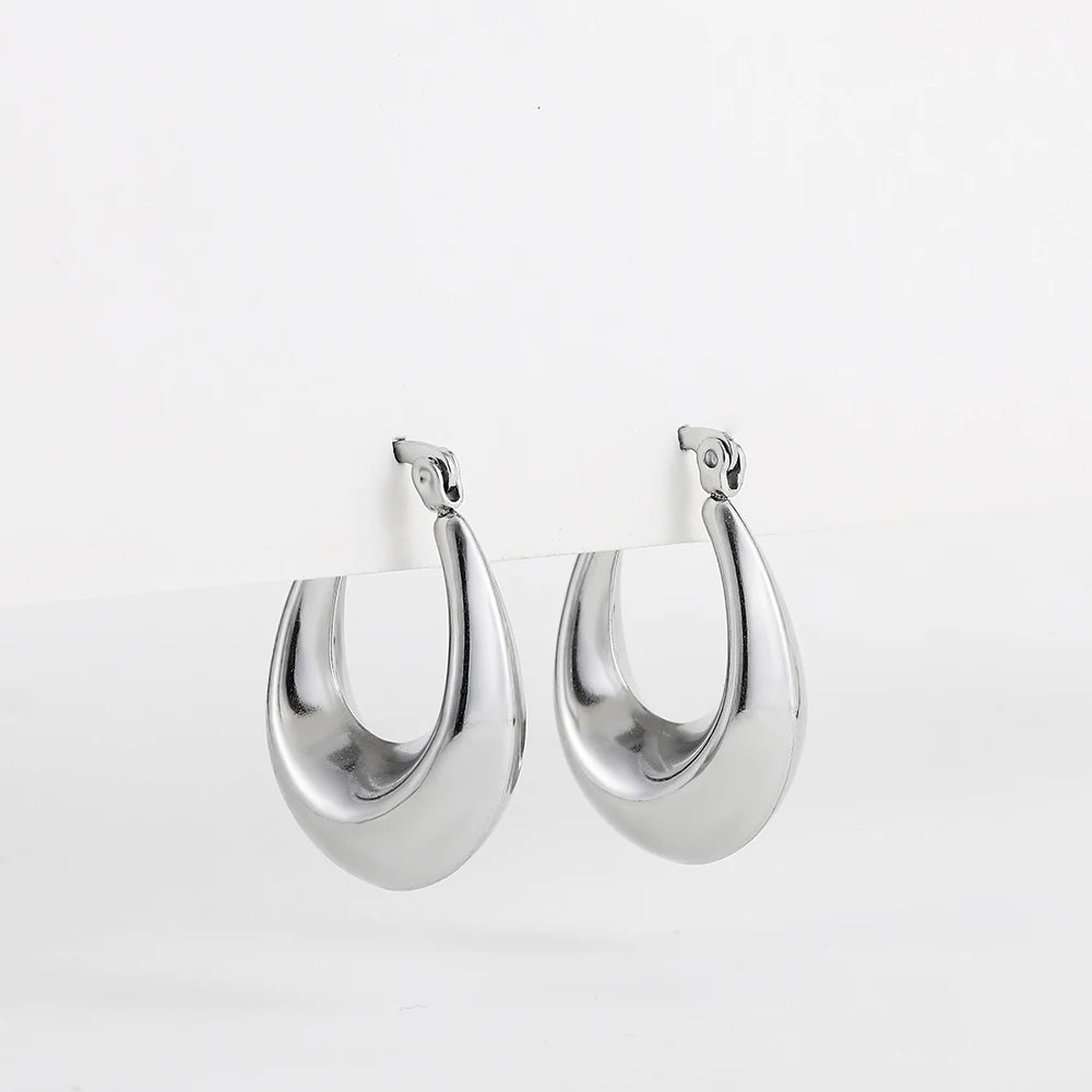 New Trend Silver Color Polished Stainless Steel CC Circle Chunky Hoop Earrings Twist PVD Dome Lightweight Hammered Drop Earrings