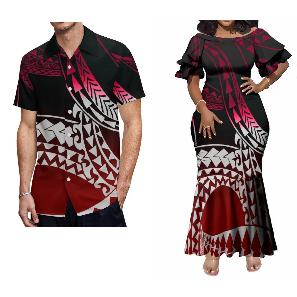 Custom Polynesian Tribal Couple Set Samoan Women'S Temperament Slim Dress Women'S Mermaid Maxi Skirt Men'S Shirt