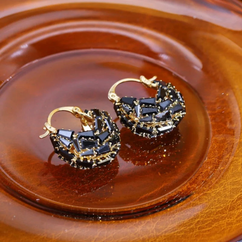 Korean new design fashion jewelry 14K gold plated black zircon bag earrings elegant women's daily work accessories
