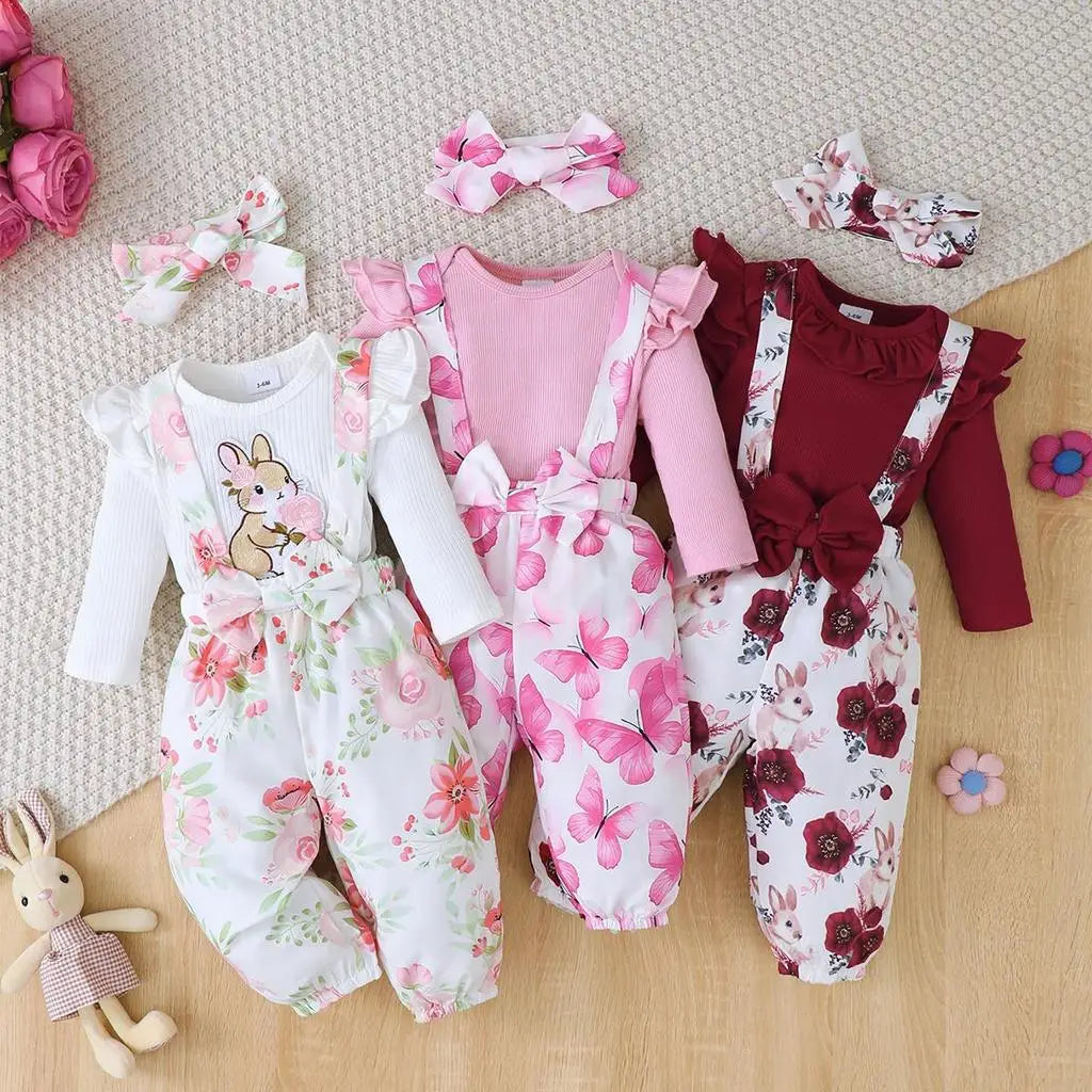 3PCS Clothes Outfits for 1-24Months Newborn&Toddler Baby Girl Long Sleeves Romper+Flower Strap Pants Cute Christmas Costume
