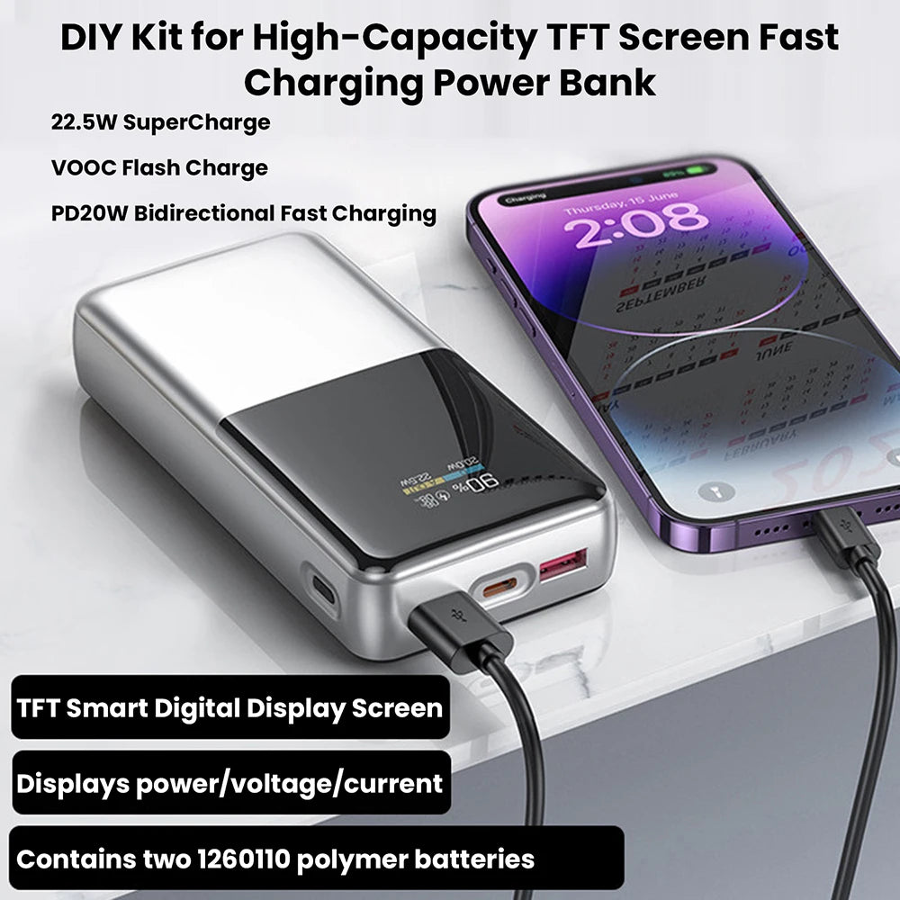 22.5W Fast Charging Module Power Bank DIY Kit TFT Color Screen LCD Display 3.7V Ternary Lithium Battery Supports PD/QC/SCP/VOOC