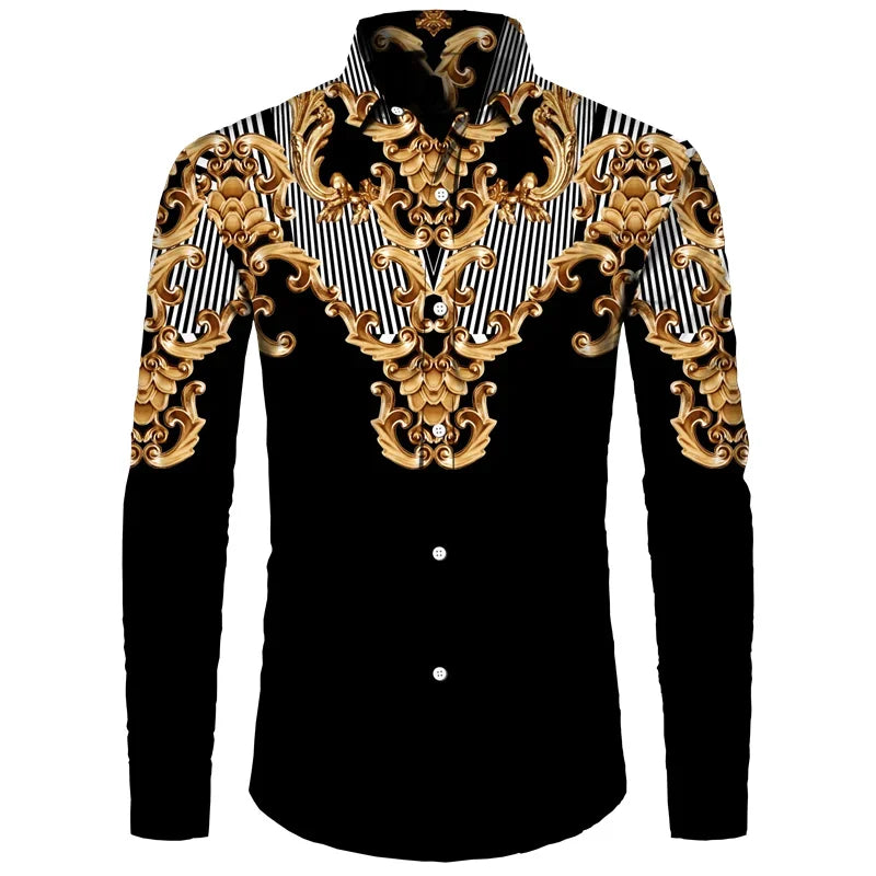 2024 New Luxury Golden Flower Chain 3D Print Men Lapel Button Shirts Long Sleeve Shirt Casual Mens Designer Clothing Streetwear