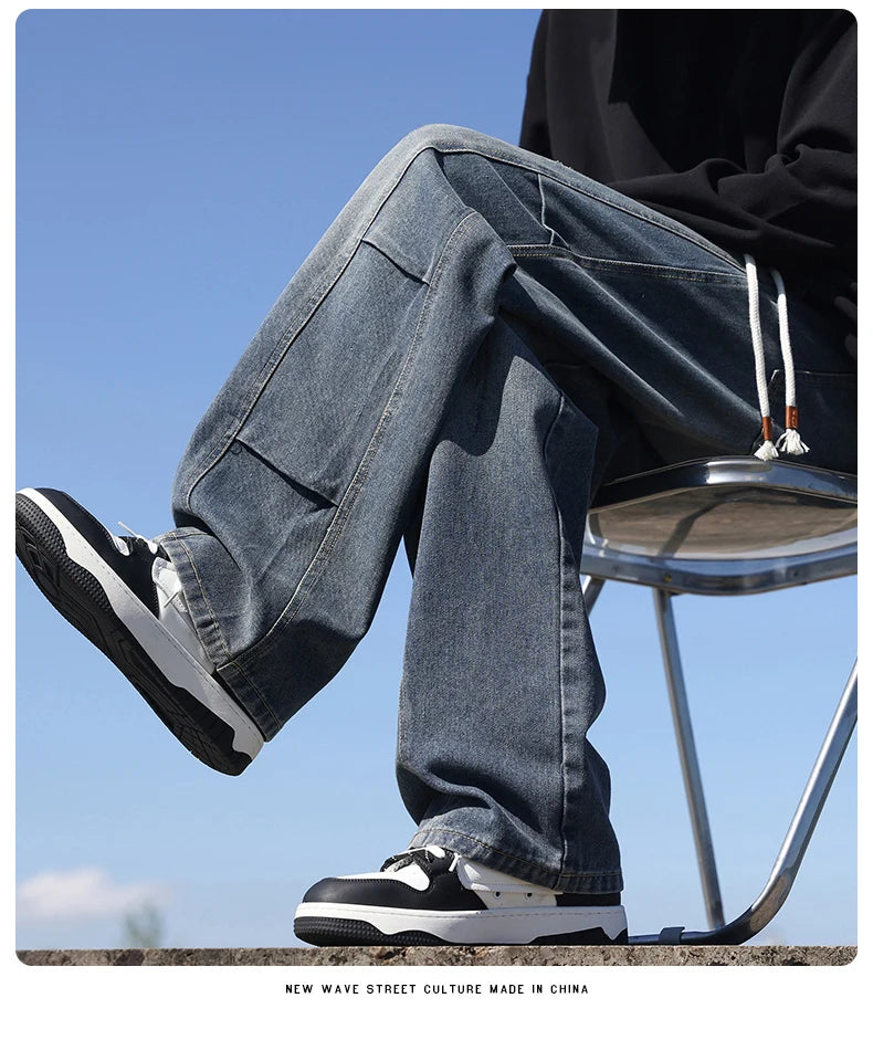 Jeans men's American high street vintage washed crease splicing men's spring and fall models loose straight pants