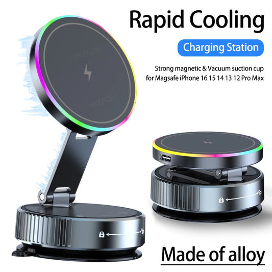 Cooling Wireless Charger Car Phone Holder with Breathing RGB Light Magnetic Suction Cellphone Bracket for iPhone 12-17 Pro Max