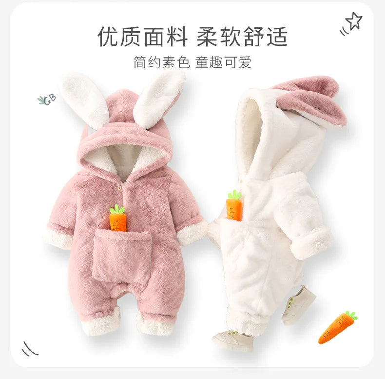 ZOETOPKID Baby Rompers Winter Warm Coral Fleece Newborn Boys Girls Clothes Cartoon Rabbit Coats Infant Jumpsuit Animal Overalls