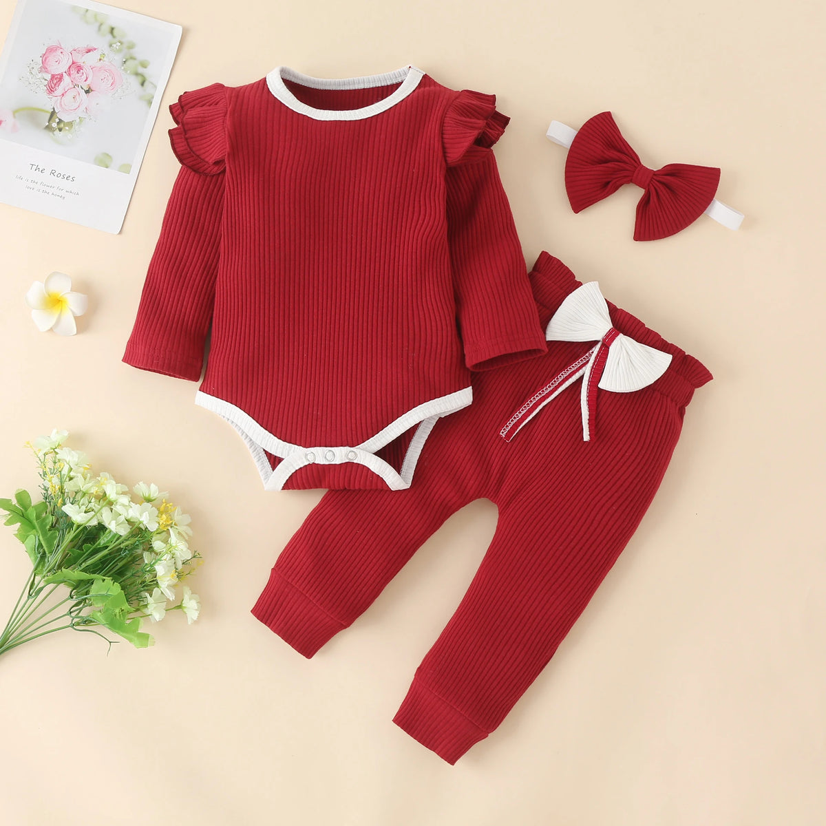 3Pcs Baby Girl Outfit Set Newborn Toddler Kids Clothing Set Baby Girls Lace Ruffles Cotton Bodysuit +Pants+Headband Clothing