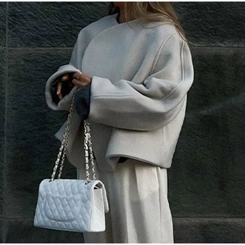 Women's Fashion Solid Thicken Cropped Jacket Top Long Sleeve Warm Autumn Winter Cardigan Female Casual Loose Woolen Streetwear