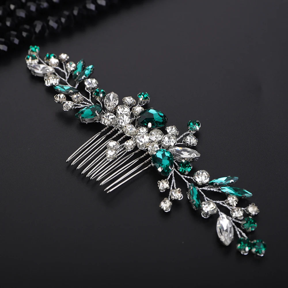 Crystal Flower Bride Hair Accessories Red Wedding Head Jewelry Blue Rhinestone Headdresses Women Hair Comb 9 Colors Headpieces