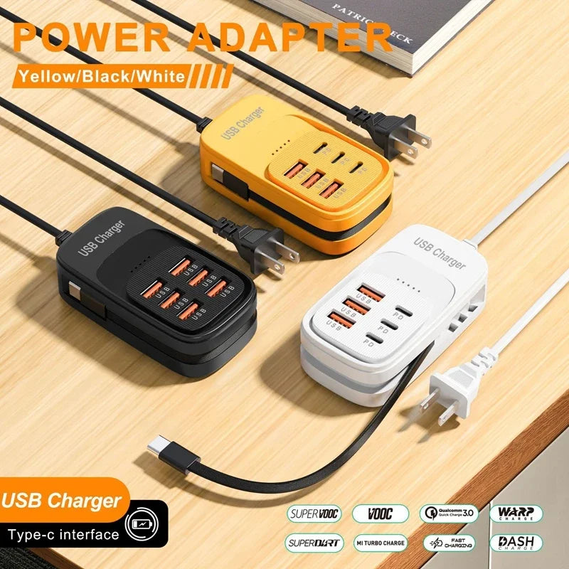 New USB Charger 6-in-1 Power Strip Desktop Charging Station With Fast Charging Cord EU US Plug USB/C HUB Adapter Socket 3PD 3USB