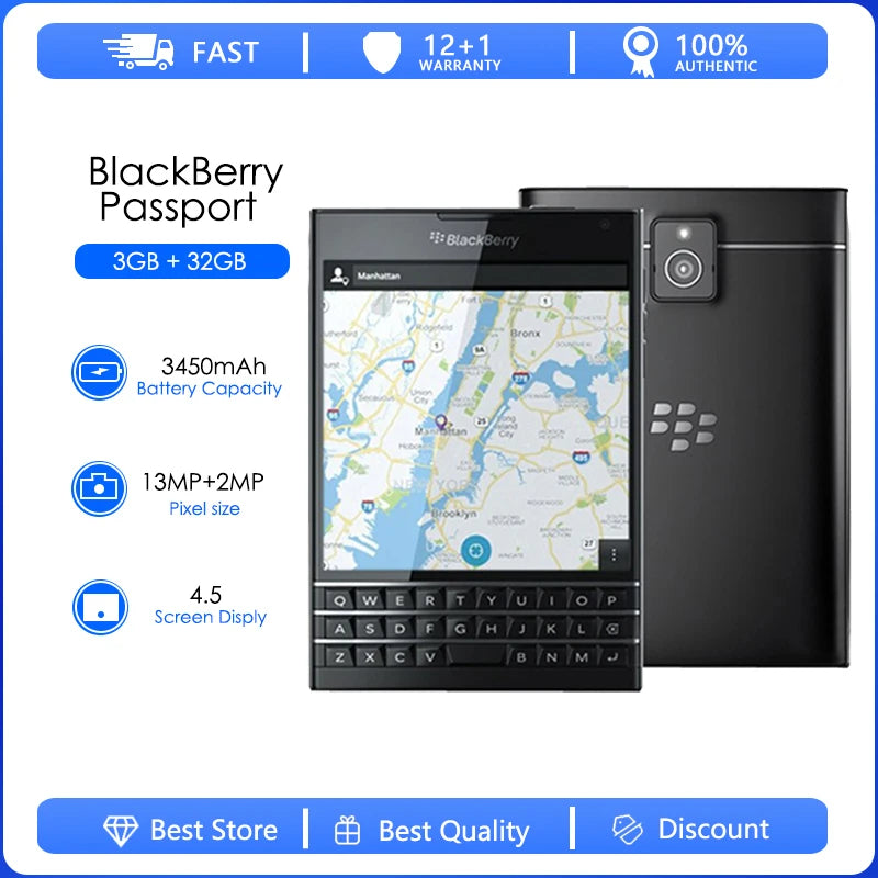 Blackberry Passport Q30 Q30-1 Q30-3 Refurbished-Quad Core LTE 3GB RAM 32GB ROM 13.0MP BlackBerry OS Cell Phone Good Condition