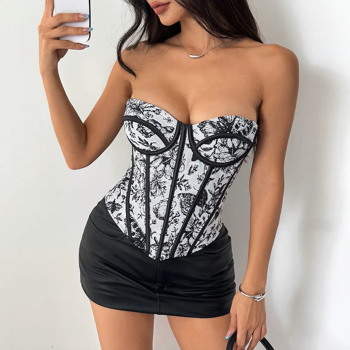 Spice Girls French Style Jacquard Inner Wear with High Sense Fish Bone Slimming Waist Black Color Flower Printed Corset Lingerie