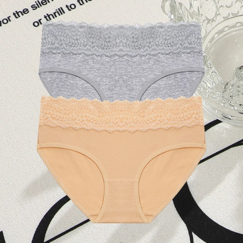 FINETOO 2Pcs Women Cotton Seamless Underwear Sexy Lace Waist Patchwork Panties Female Solid Briefs Plus size Breathable Lingerie
