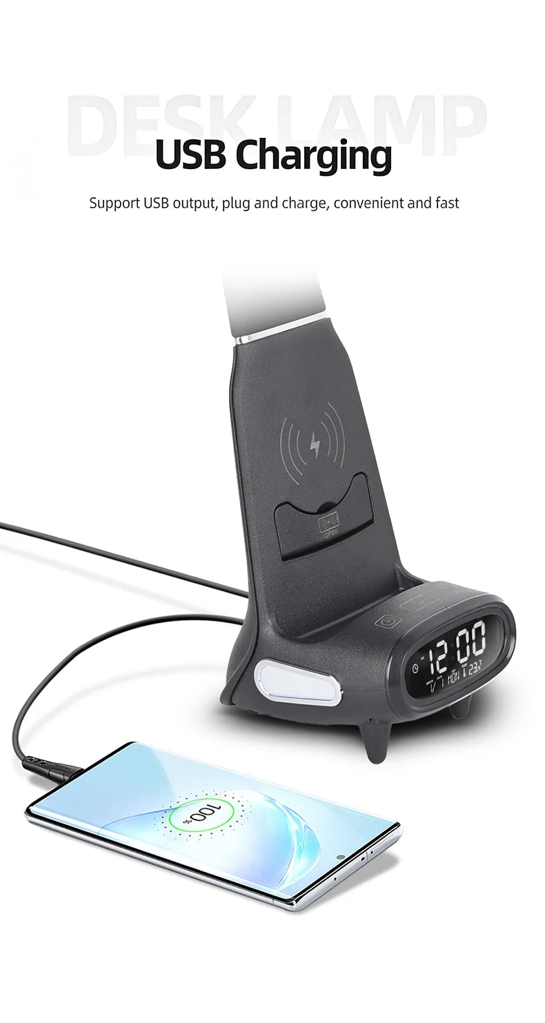 Multi-Function Eye-Protecting Reading Desk Lamp for Students 3000K-6000K Stepless Dimming 15W Wireless Fast Charging Study Light