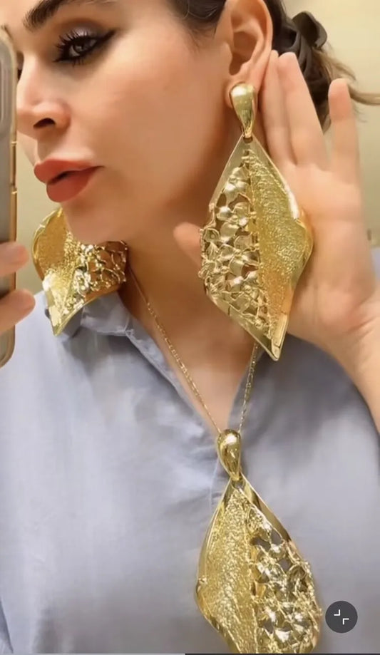 Hot Trendy Statement Earring & Necklace Set Chunky Gold Tone with Intricate Hollow Out Pattern | Women’s Bold Fashion Jewelry