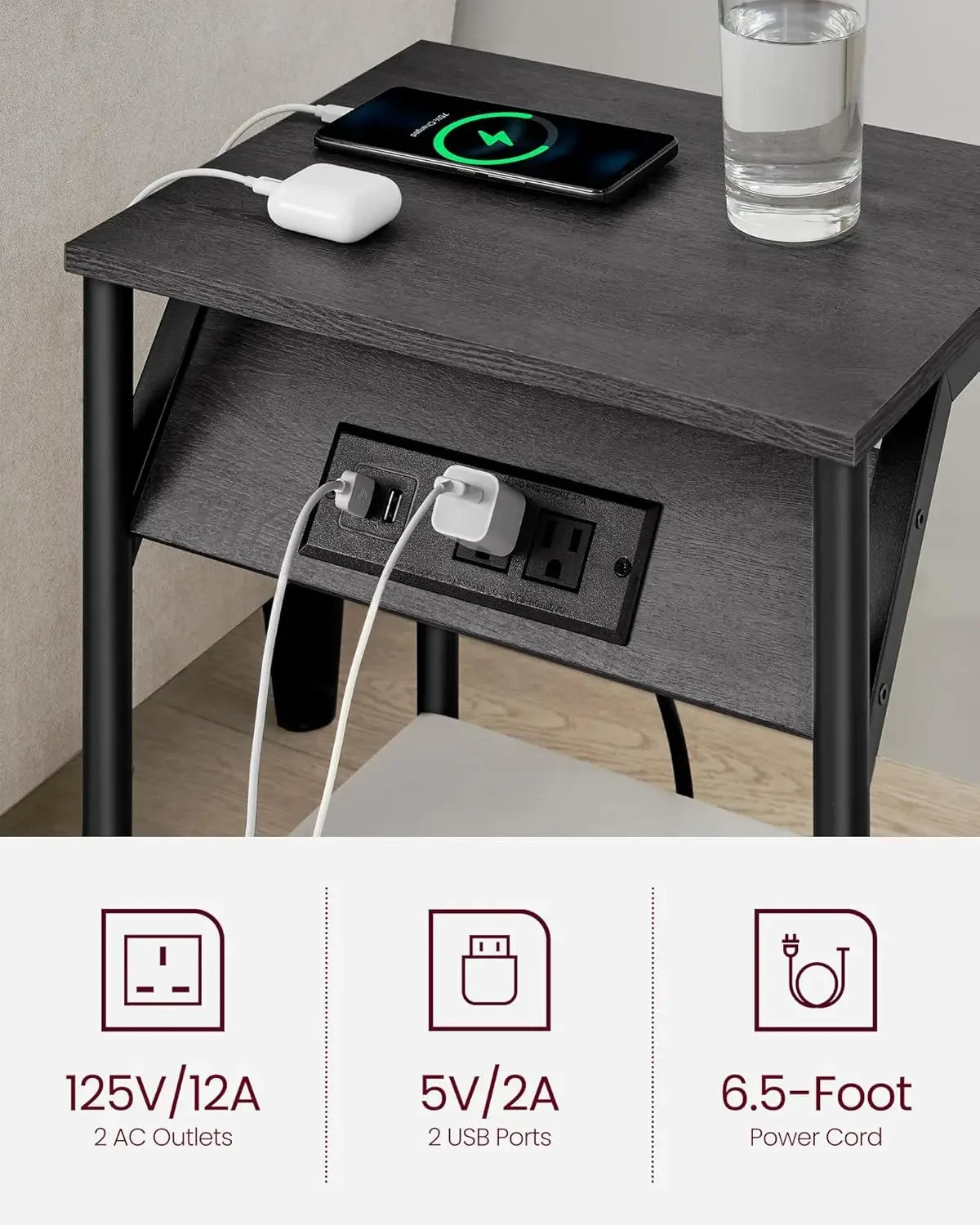 End Table with Charging Station, Set of 2, Small Side Tables for Living Room, Bedroom, Nightstand with Outlets and USB Ports