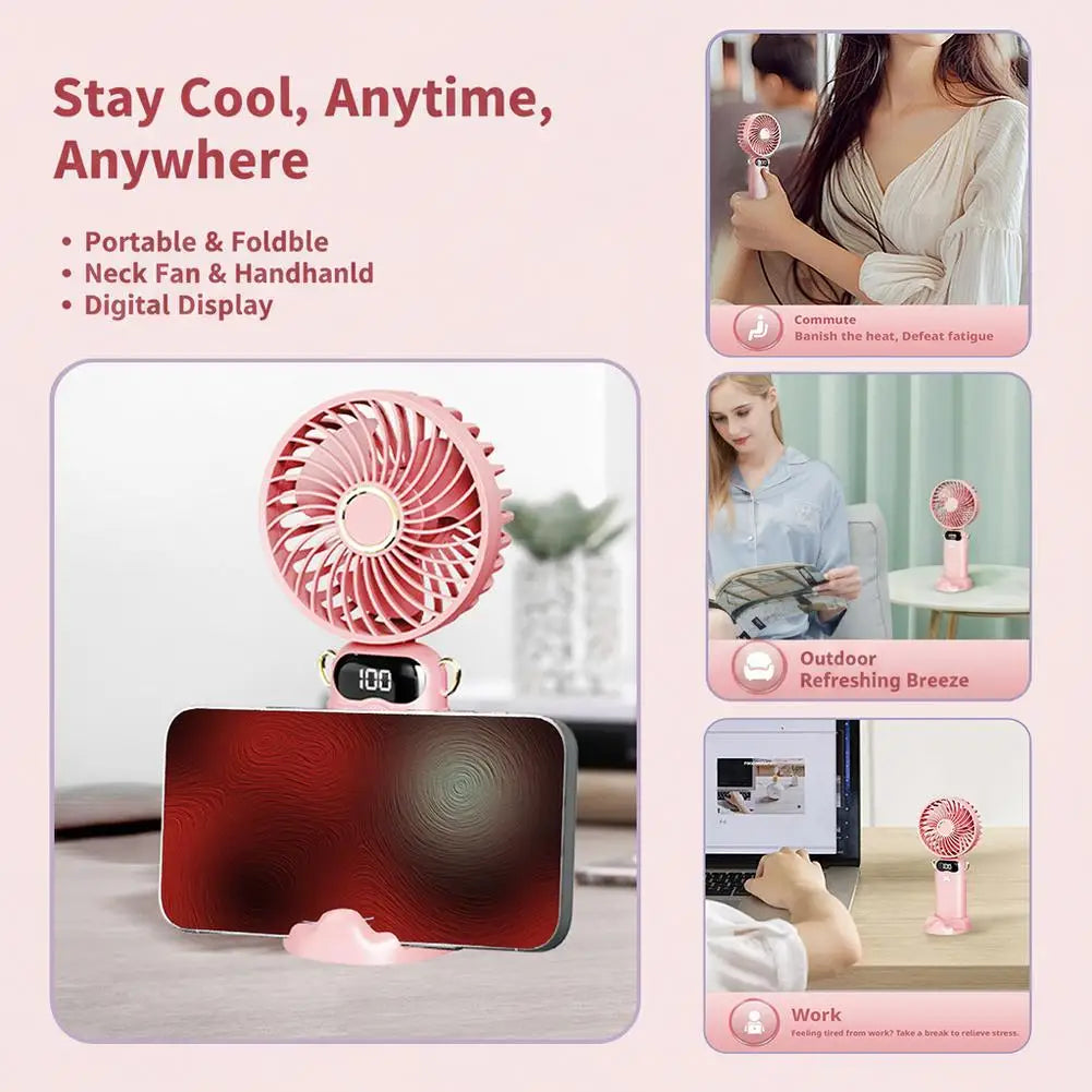 Portable Mini Fan With 6 Speeds LED USB Rechargeable Charging Small Foldable Battery Fans Handheld Desk Bedroom Indoor Outdoor