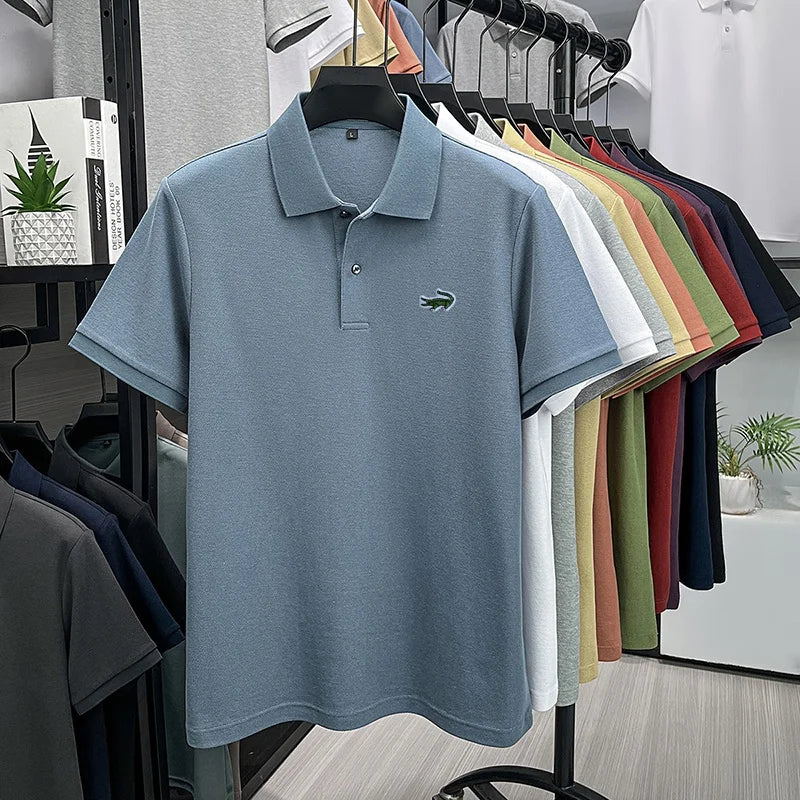 100% Cotton High-End Men New Short-Sleeved Polo Shirt Lapel Button Embroidery British Style Fashion Snug Hot-Selling Men's Wear